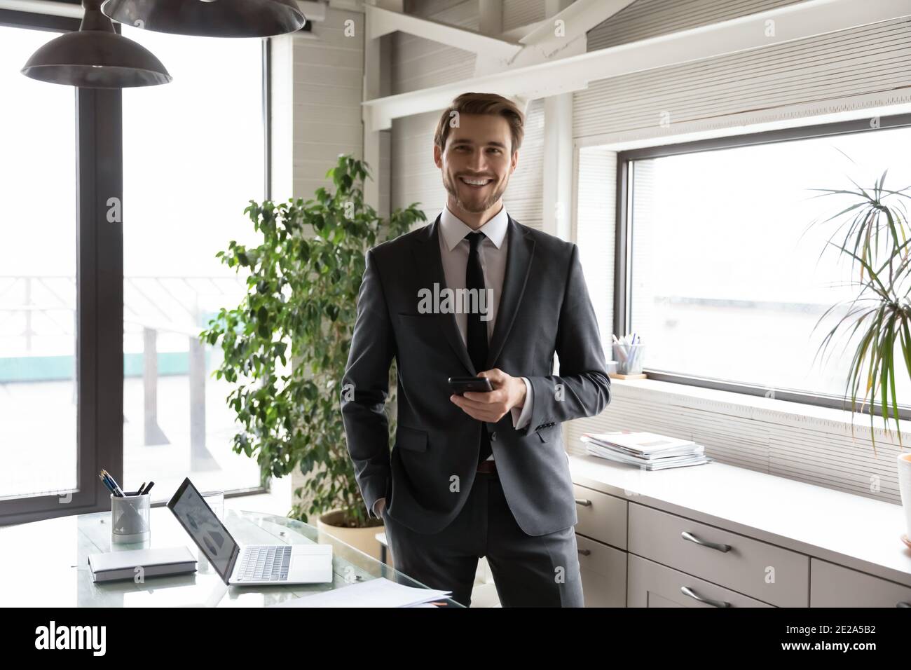Portrait of smiling young businessman posing in office Stock Photo