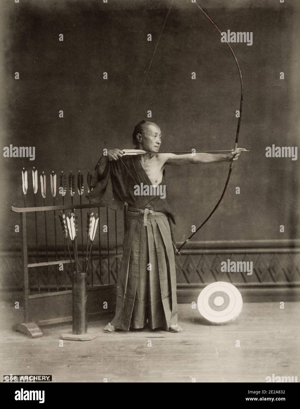 Vintage 19th century photograph Japanese archer with bow and arrow, Japan, c.1880's Stock Photo