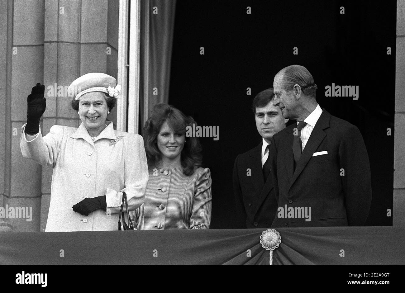 File photo dated 21/04/86 of the balcony of Buckingham Palace with (left to right) Queen Elizabeth II, celebrating her 60th birthday, Sarah Ferguson, Prince Andrew and the Duke of Edinburgh. Sarah, Duchess of York, has landed a book deal with the romantic fiction publisher Mills and Boon, admitting she 'drew on many parallels from my life' for her historical tale, Her Heart for a Compass. Stock Photo