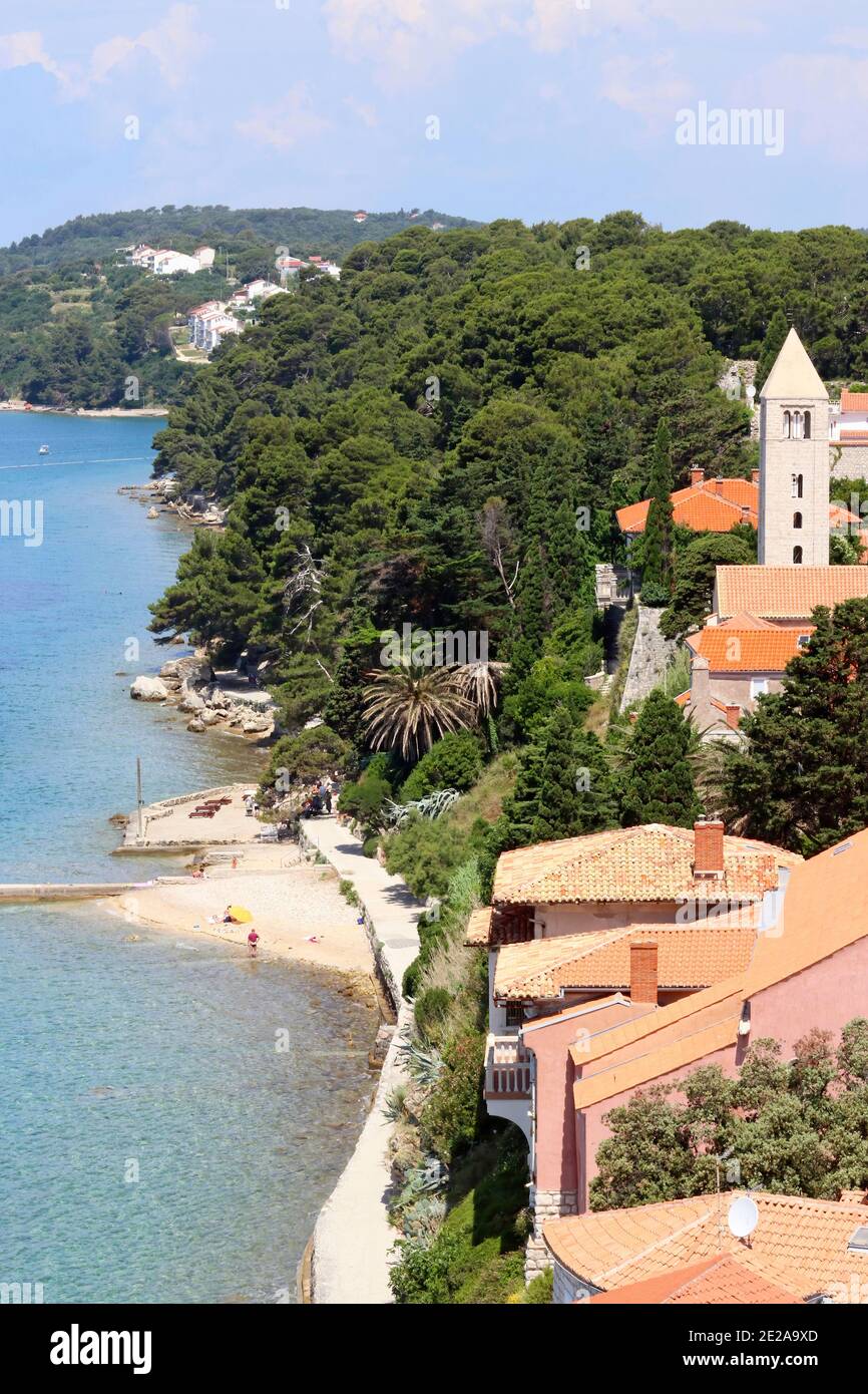 Croatia, Kvarner region, Rab island, Rab town, beach view from above. Stock Photo