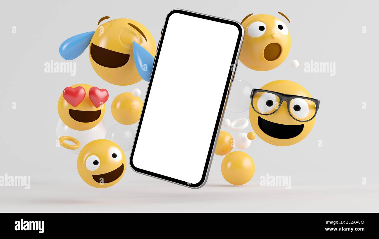 Smartphone screen mock up surrounded by emoji icons 3d rendering Stock Photo