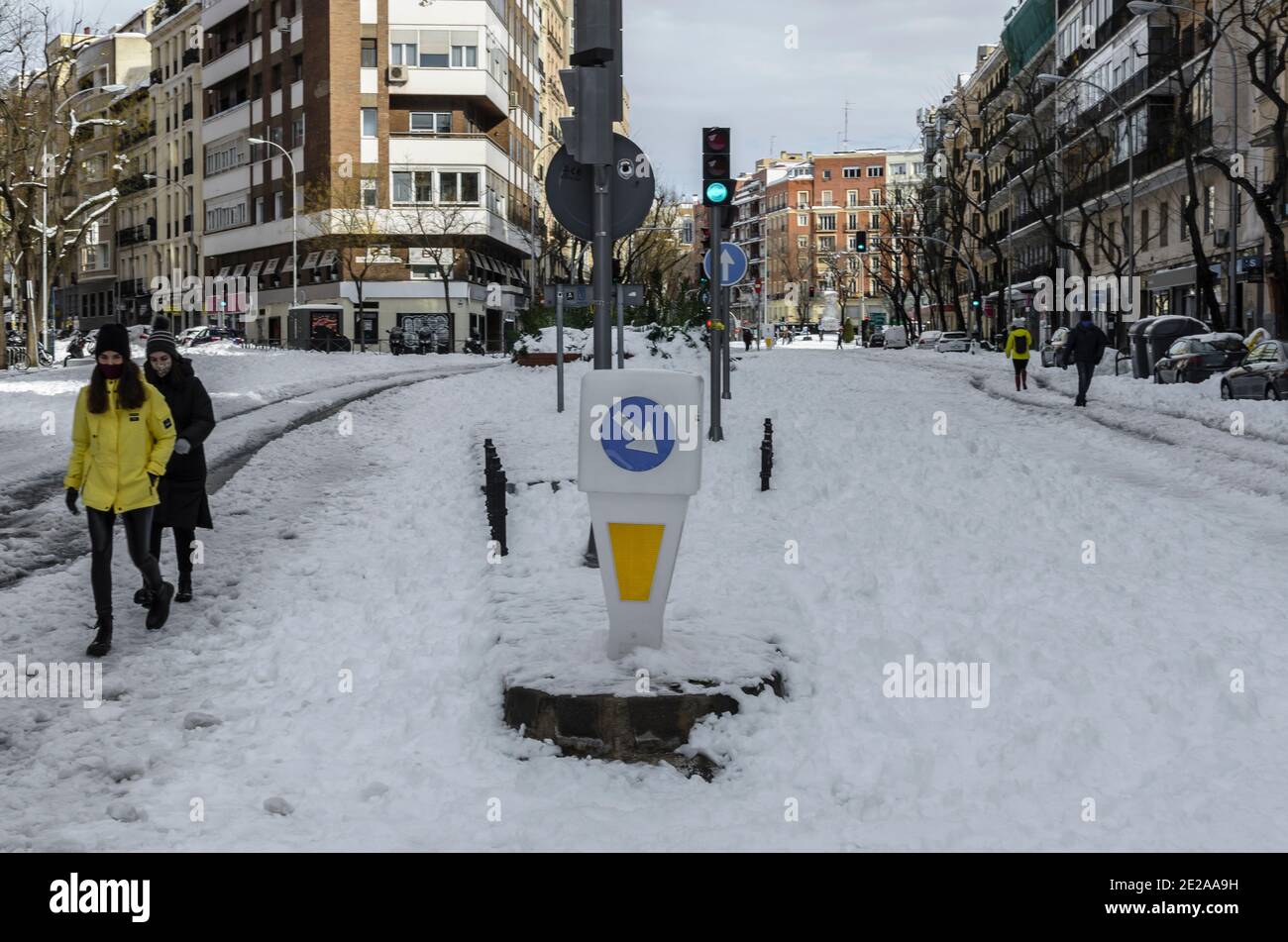 Madrid, Spain. 10 th January 2021. View of people in San Bernardo street after the storm snow. Credit: Enrique Davó. Stock Photo