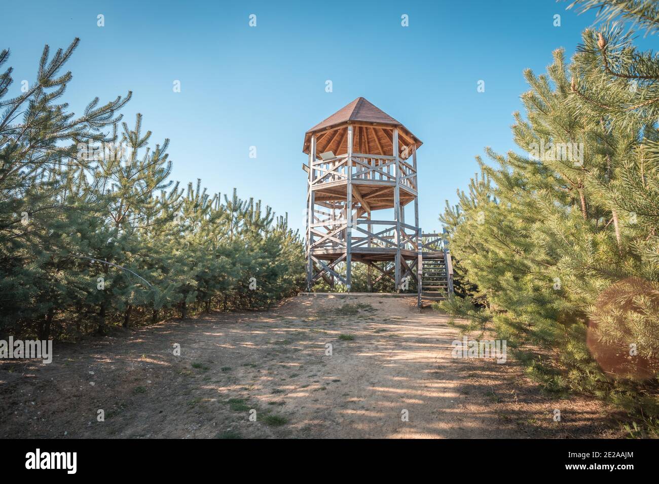 Rozhledna Kosice is a lookout tower in the forest park ner city Chlumec nad Cidlinou. It ios made of wood and it is 8m tall. Observation tower picture Stock Photo