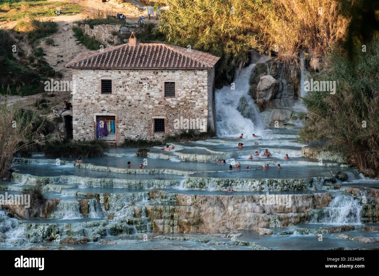 Cascata del Gorello also known as Cascate del Mulino, thermal spring waterfall, terme di Saturnia, Grosseto, Tuscany, Italy Stock Photo