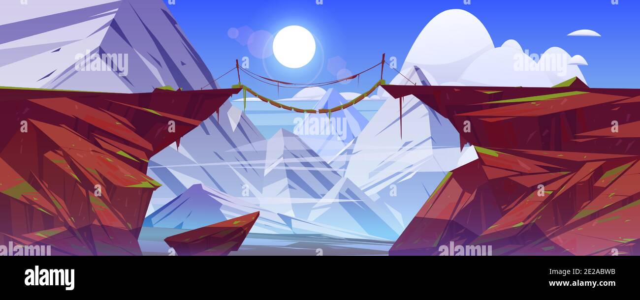 Bridge between mountains hang above cliff in snowy rock peaks landscape background. Beautiful scenery nature view, rope bridgework with wooden crossbars connect rocky edges Cartoon vector illustration Stock Vector