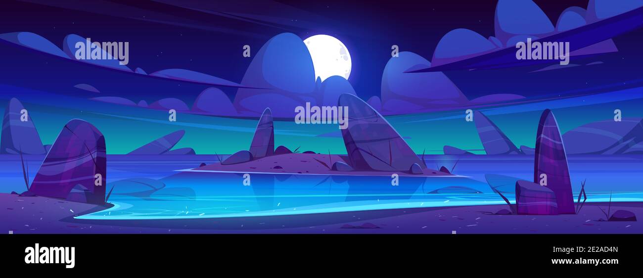 Sea Beach And Small Island In Water With Rocks At Night Vector Cartoon Landscape Of Ocean Or Lake Coastline Sand Shore With Stones Moon Stars And Clouds In Dark Sky At Midnight