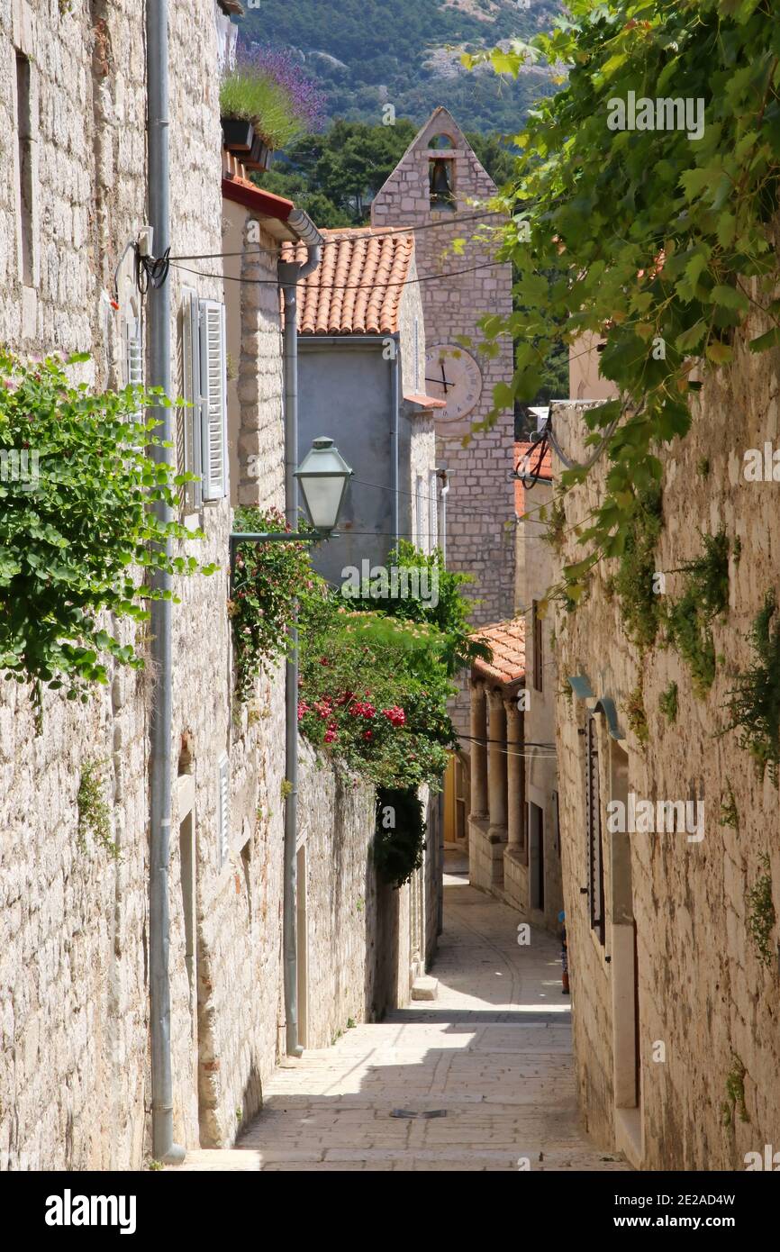 the narrow alleys of the old town, Rab town, Rab island Croatia . Stock Photo