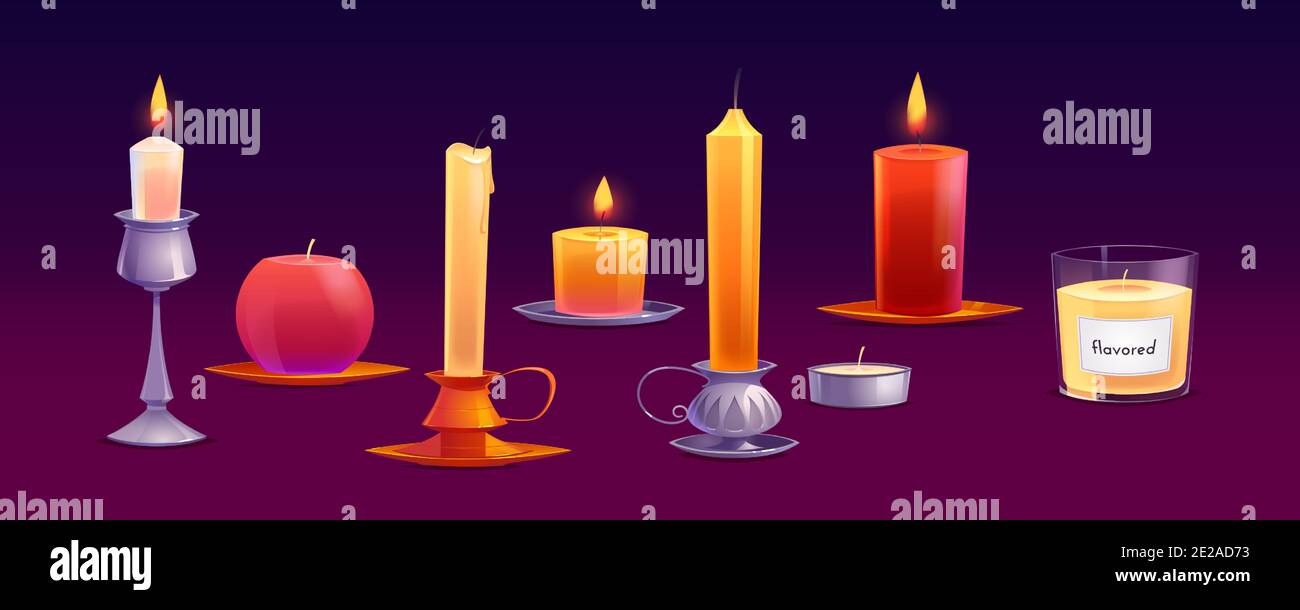 Wax candles different shapes with fire and flavored paraffin. Vector