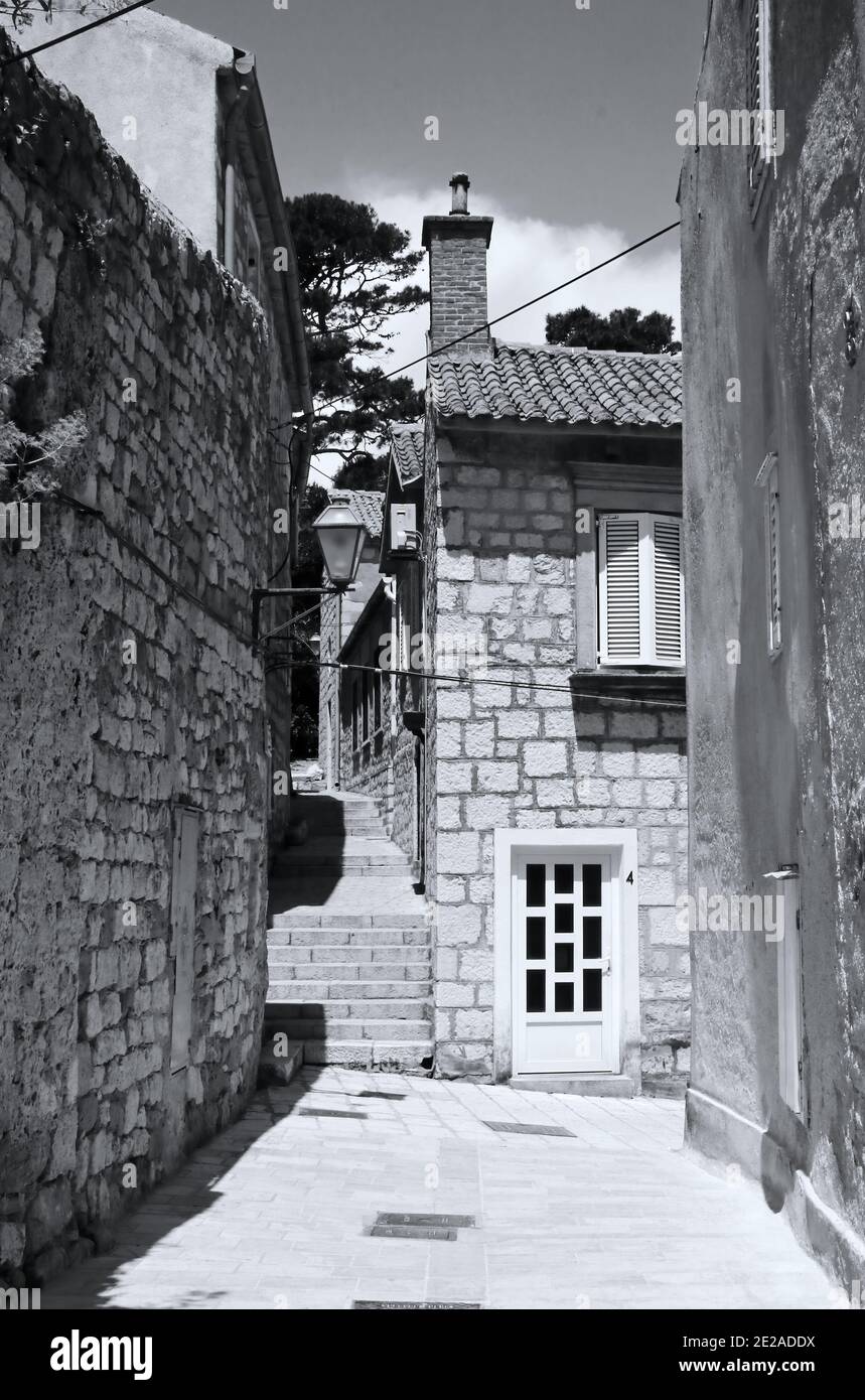 the narrow alleys of the old town, Rab town, Rab island Croatia . Stock Photo