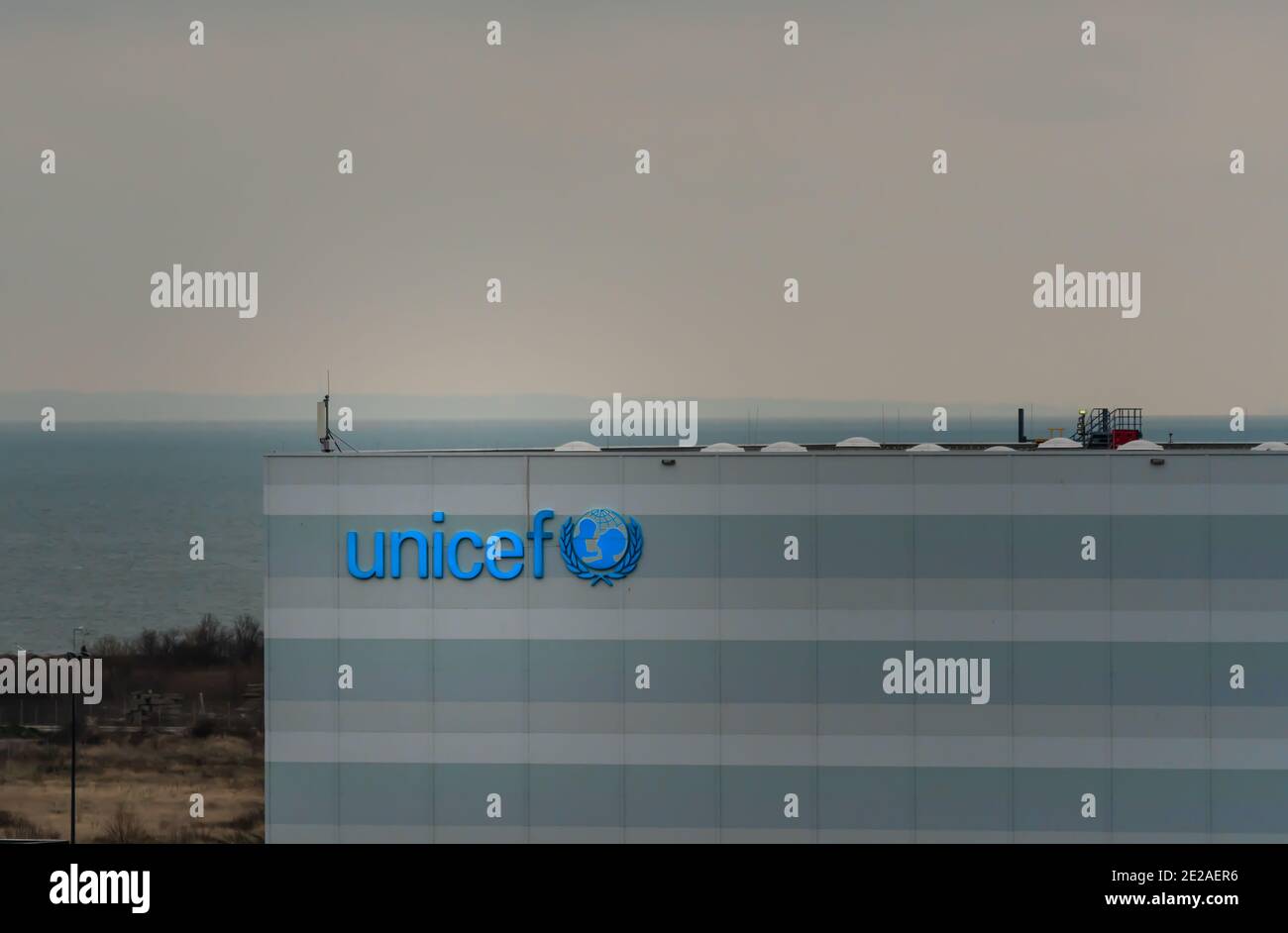 Large UNICEF warehouse by the port of Copenhagen. Stock Photo