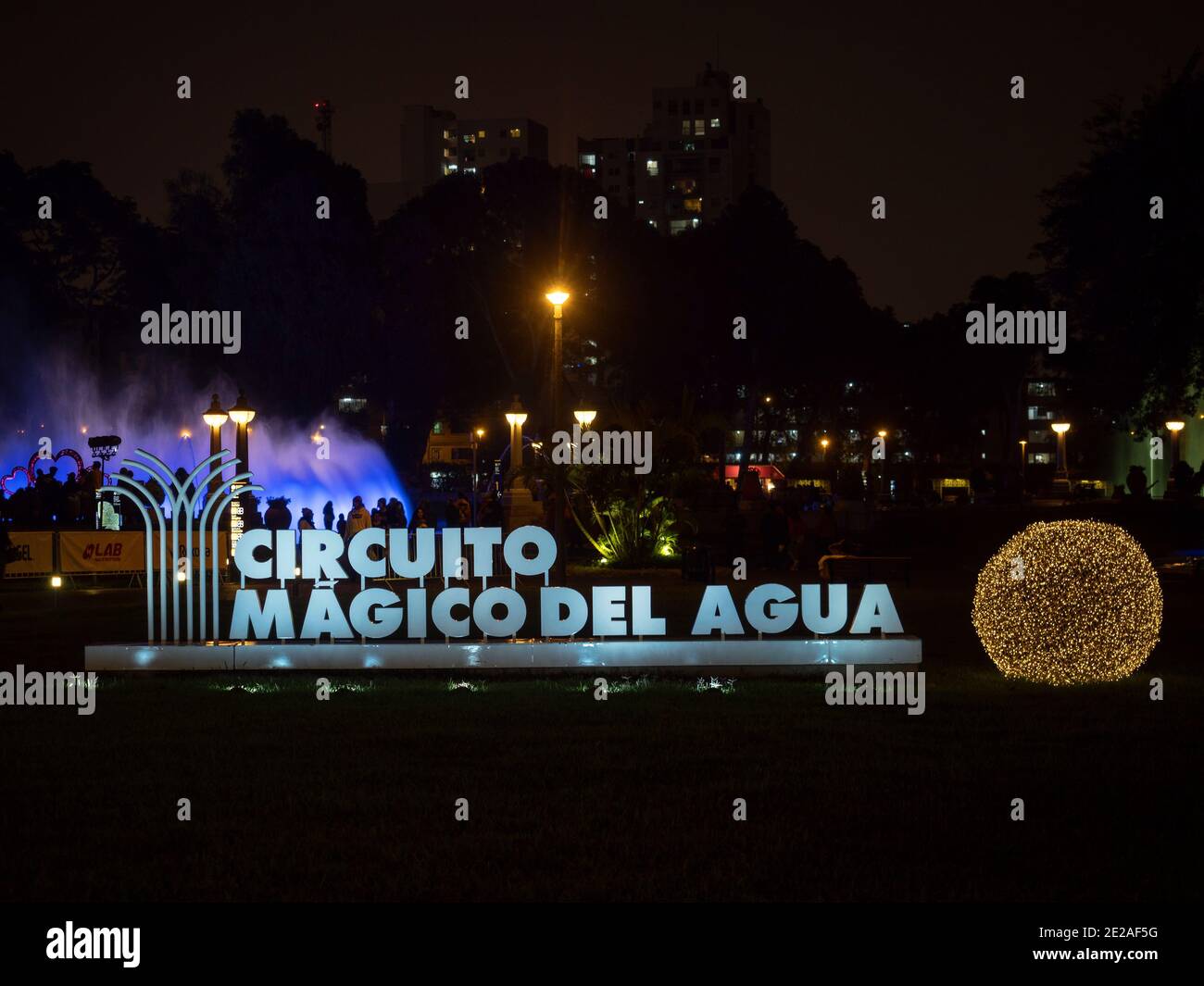Colorful illuminated water fountains light art installation Circuito magico del Agua in Parque de la Reserva Lima Peru South America Stock Photo