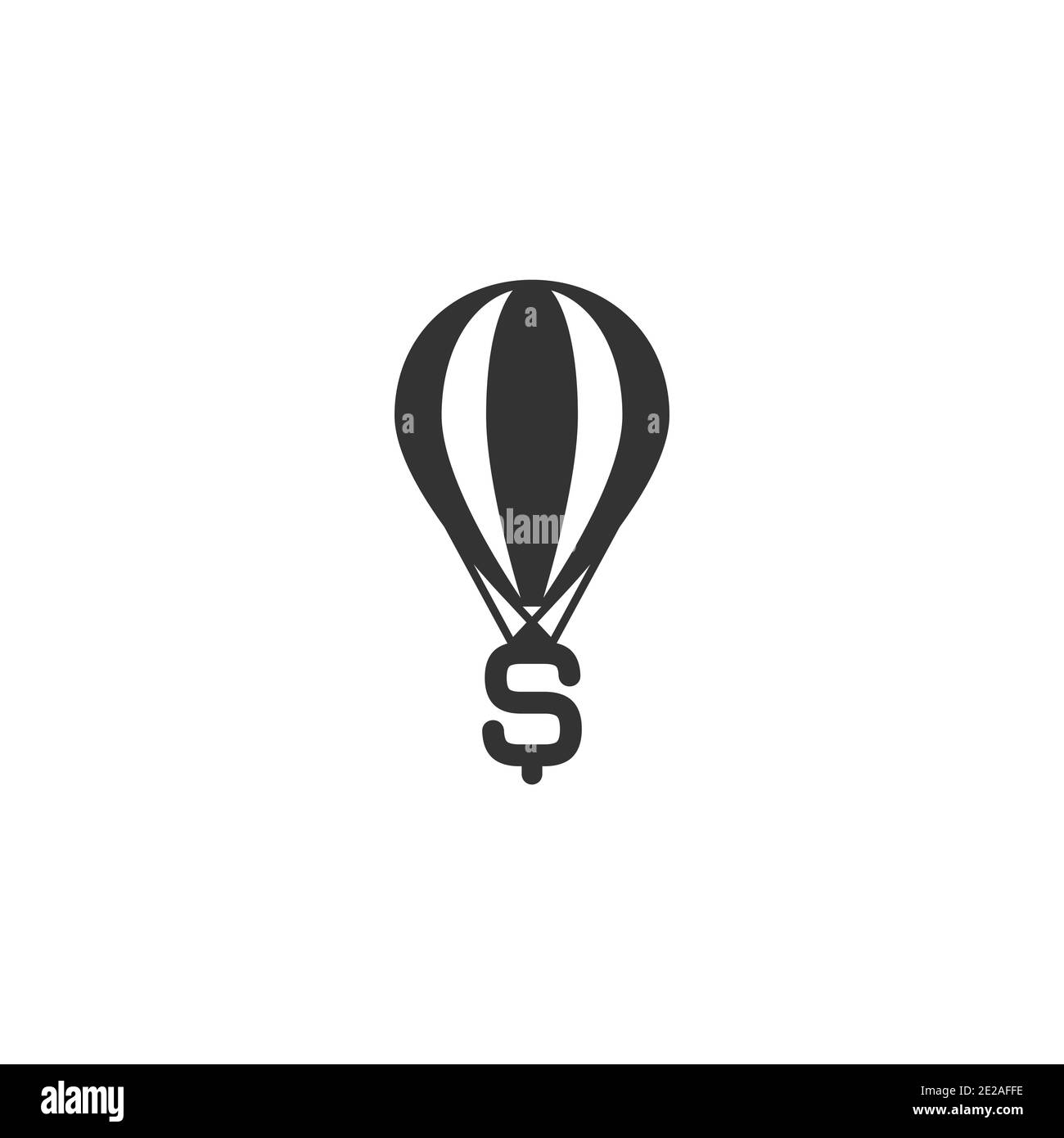 dollar coin air balloon. Black flat icon isolated on white background. Flying money. Economy, finance, money pictogram. Wealth symbol. Vector illustra Stock Vector