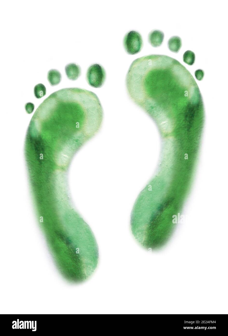 Overhead view of human footprints coloured green Stock Photo