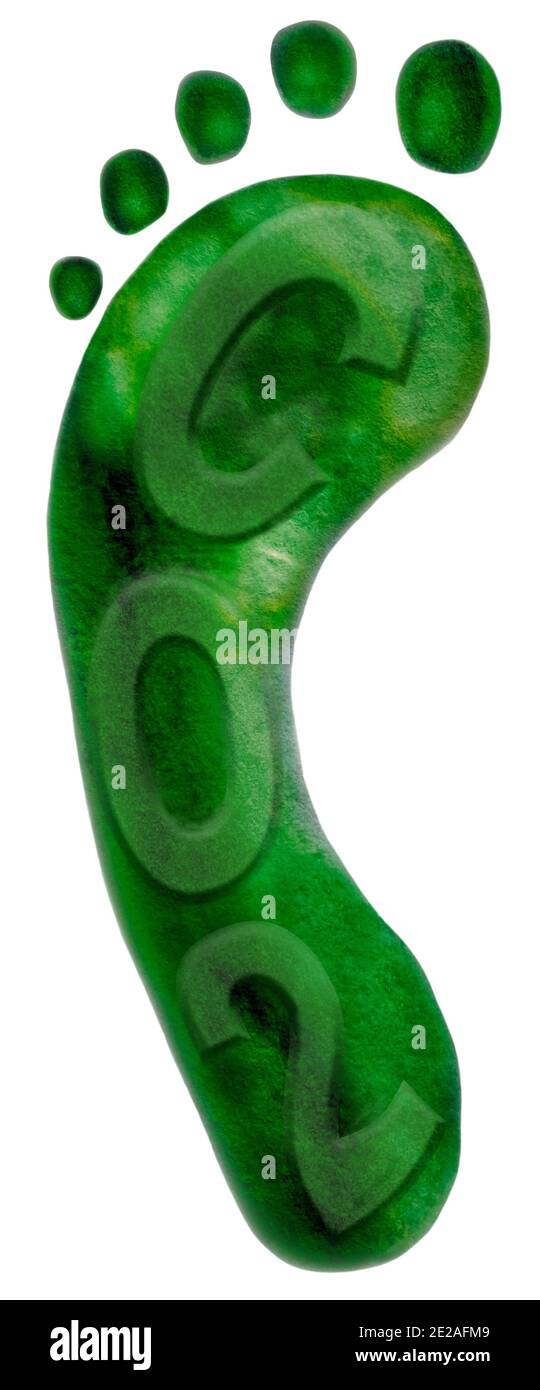 Overhead view of human footprint coloured green with CO2 overlayed Stock Photo