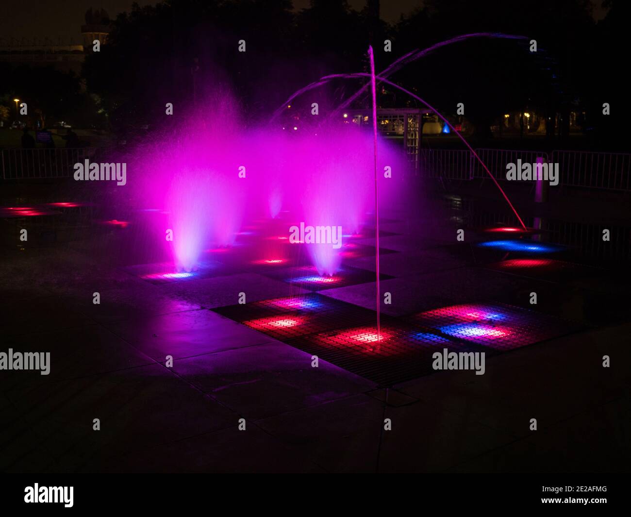 Colorful illuminated water fountains light art installation Circuito magico del Agua in Parque de la Reserva Lima Peru South America Stock Photo