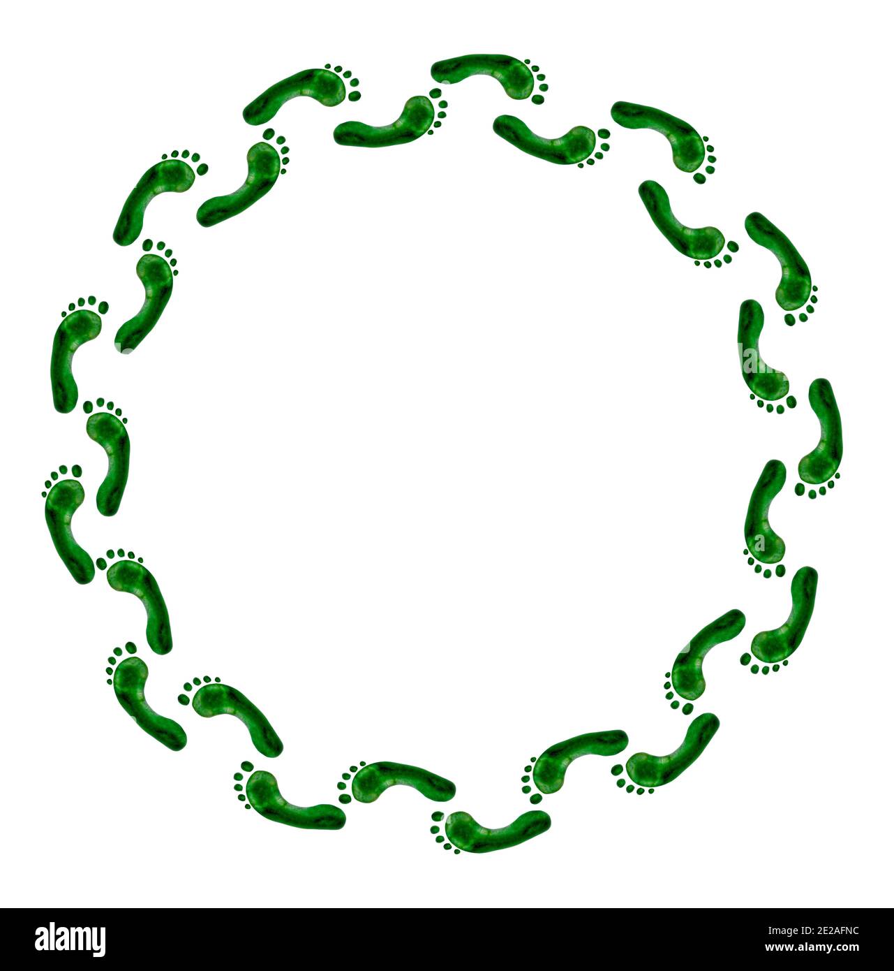 Overhead view of human footprint coloured green in shape of a circle Stock Photo