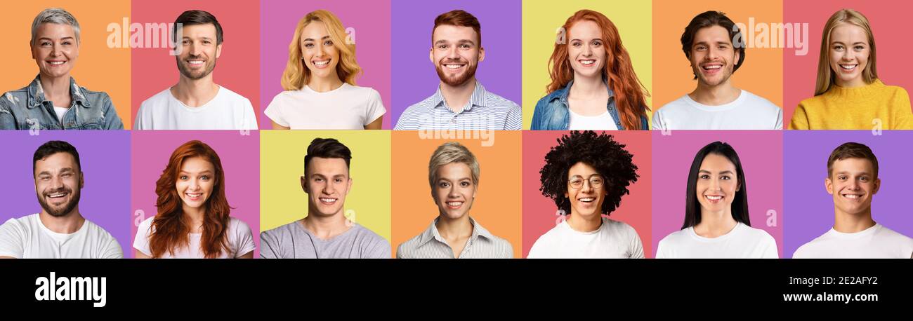 Collage of happy diverse people smiling on colorful backgrounds Stock ...