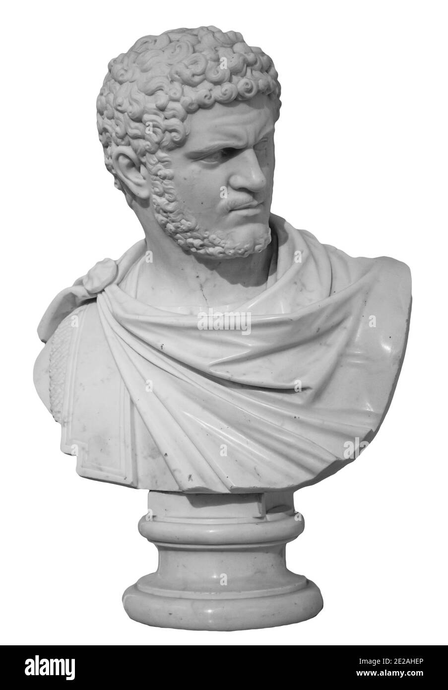 Ancient white marble sculpture bust of Caracalla. Marcus Aurelius Severus Antoninus Augustus known as Antoninus. Roman emperor. Isolated on white Stock Photo