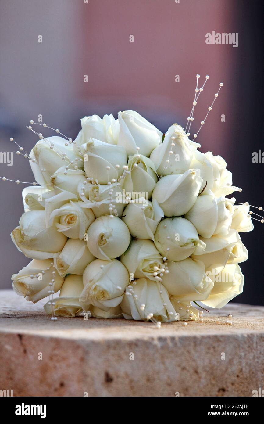 Wedding Concept Bridal bouquet of white roses Stock Photo