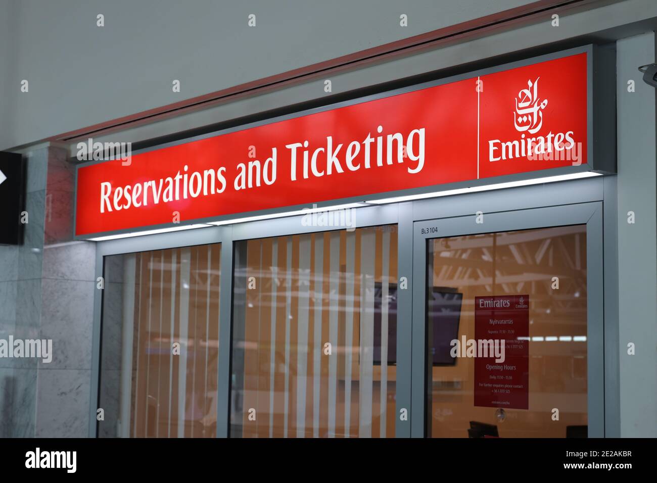 Budapest, Hungary - October 19, 2020:Front view of the Emirates travel agency at Budapest airport Stock Photo