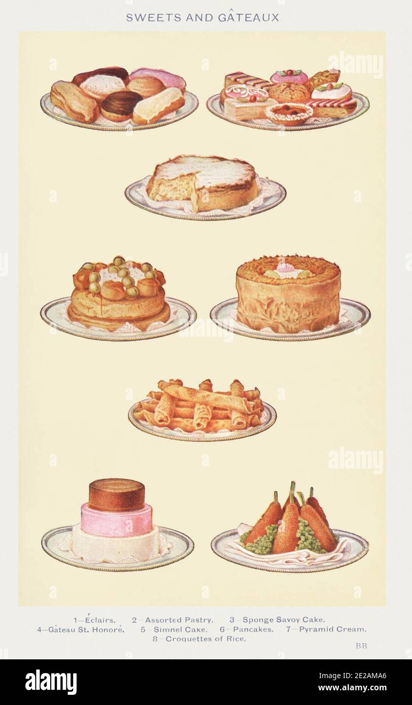 Sweets And Gateaux Eclair Assorted Pastry Sponge Savoy Cake Gateaux St Honore Simnel Cake Pancakes Pyramid Cream And Croquettes Of Rice From Mrs Beeton 39 S Book Of Household Management Digitally Enhanced From Our