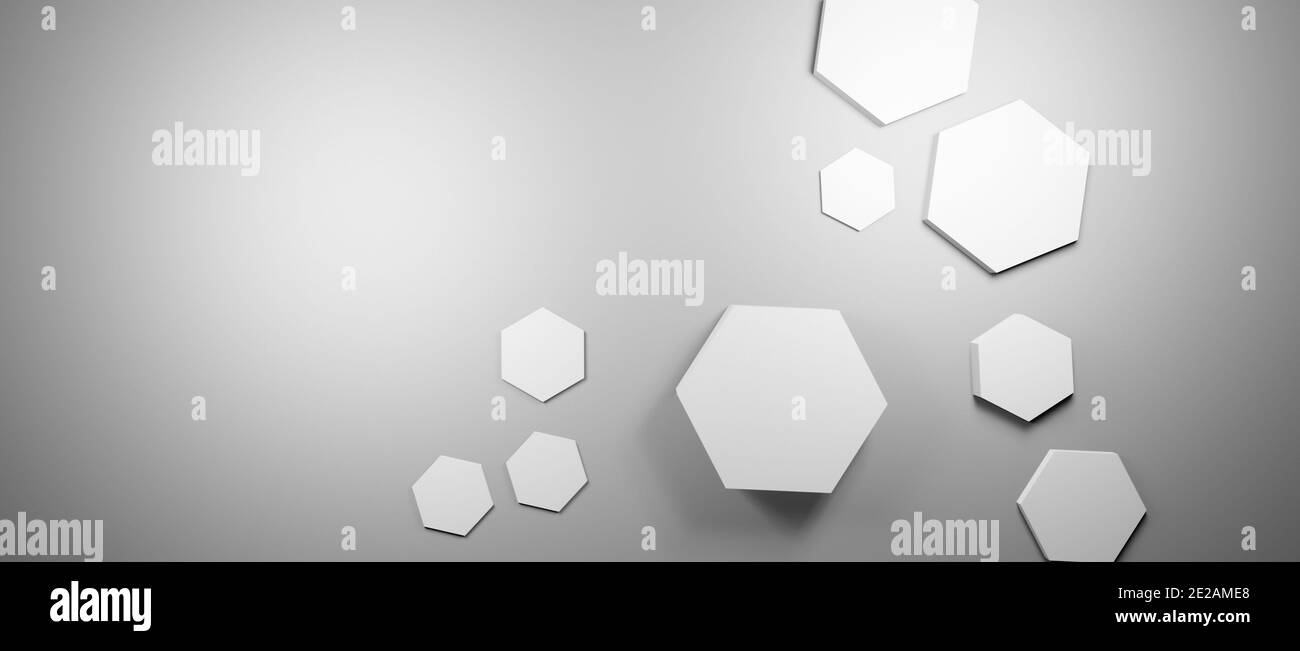 Abstract grey background, white hexagons or honeycombs, 3D cgi rendering, hexagonal wallpaper, network connection concept, illustration design Stock Photo