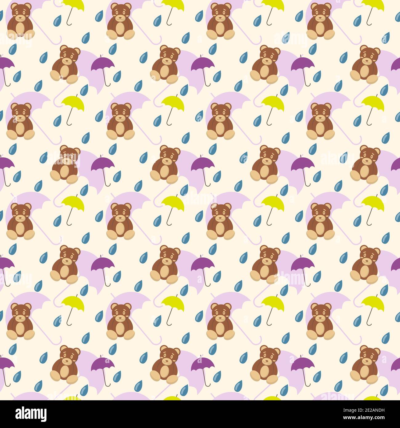 Seamless pattern with cute brown teddy bear and umbrella on light background Stock Vector