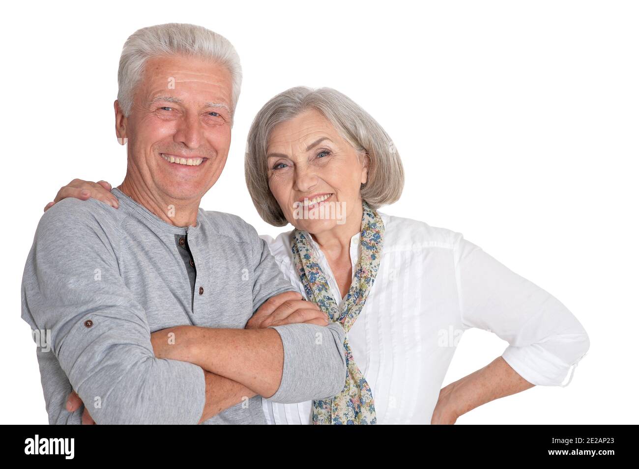 Happy senior couple posing isolated on white background Stock Photo