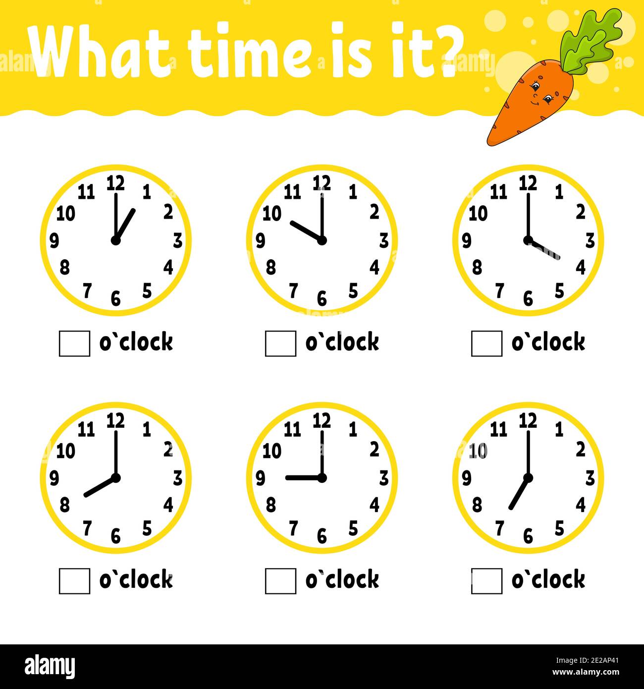 Learning time on the clock. Educational activity worksheet for kids and toddlers. Vegetable carrot. Game for children. Simple flat isolated color vect Stock Vector Image Art Alamy