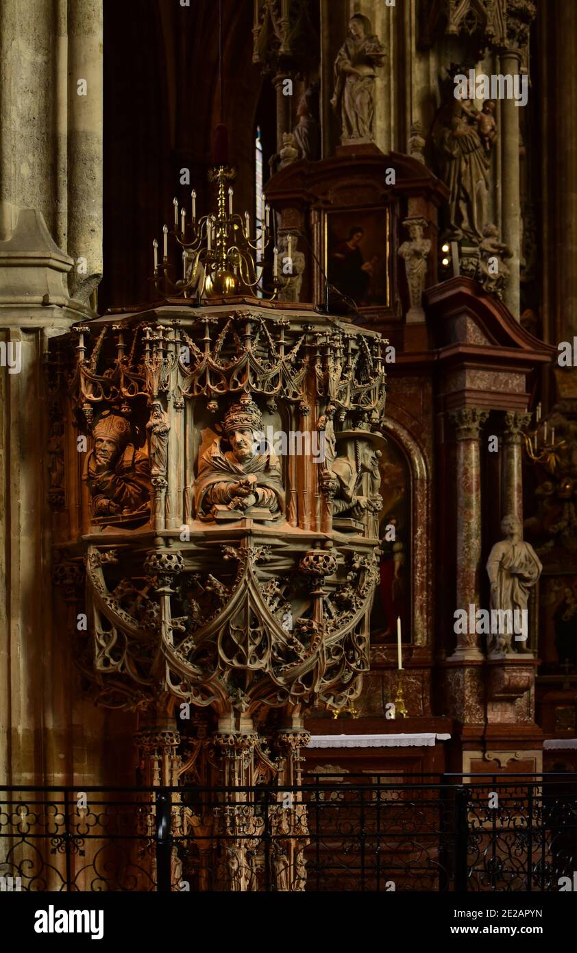 Pilgrams stone pulpit, inside St. Stephans church, Vienna, Austria Stock Photo