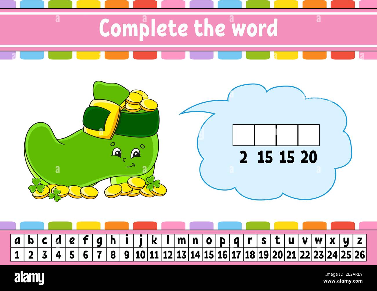 Complete the words. Cipher code. Leprechaun boot with coins. Learning