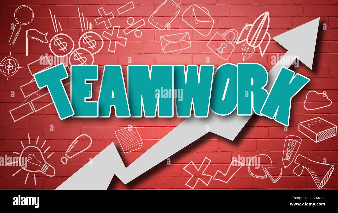 Word 'teamwork' with an arrow and hand-drawn icons on the wall Stock Photo