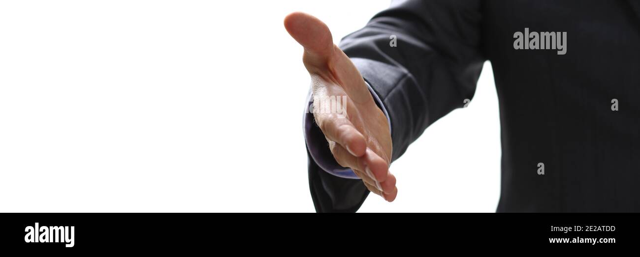 Focused photo on businessman that stretching hand for greetings Stock Photo