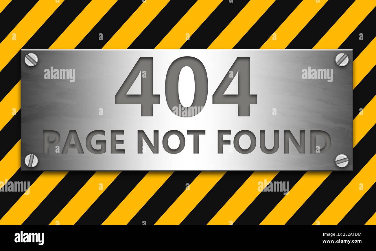 Text '404 page not found' banner with yellow caution strip in the background Stock Photo