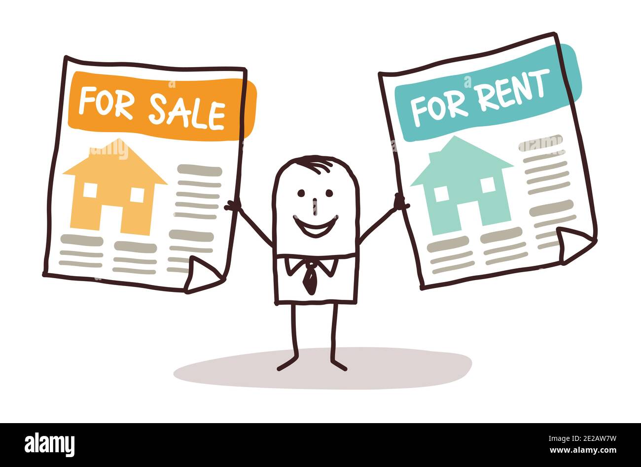 Hand drawn Cartoon Real Estate Agent with Houses for Sale or Rent Stock Vector Image & Art Alamy