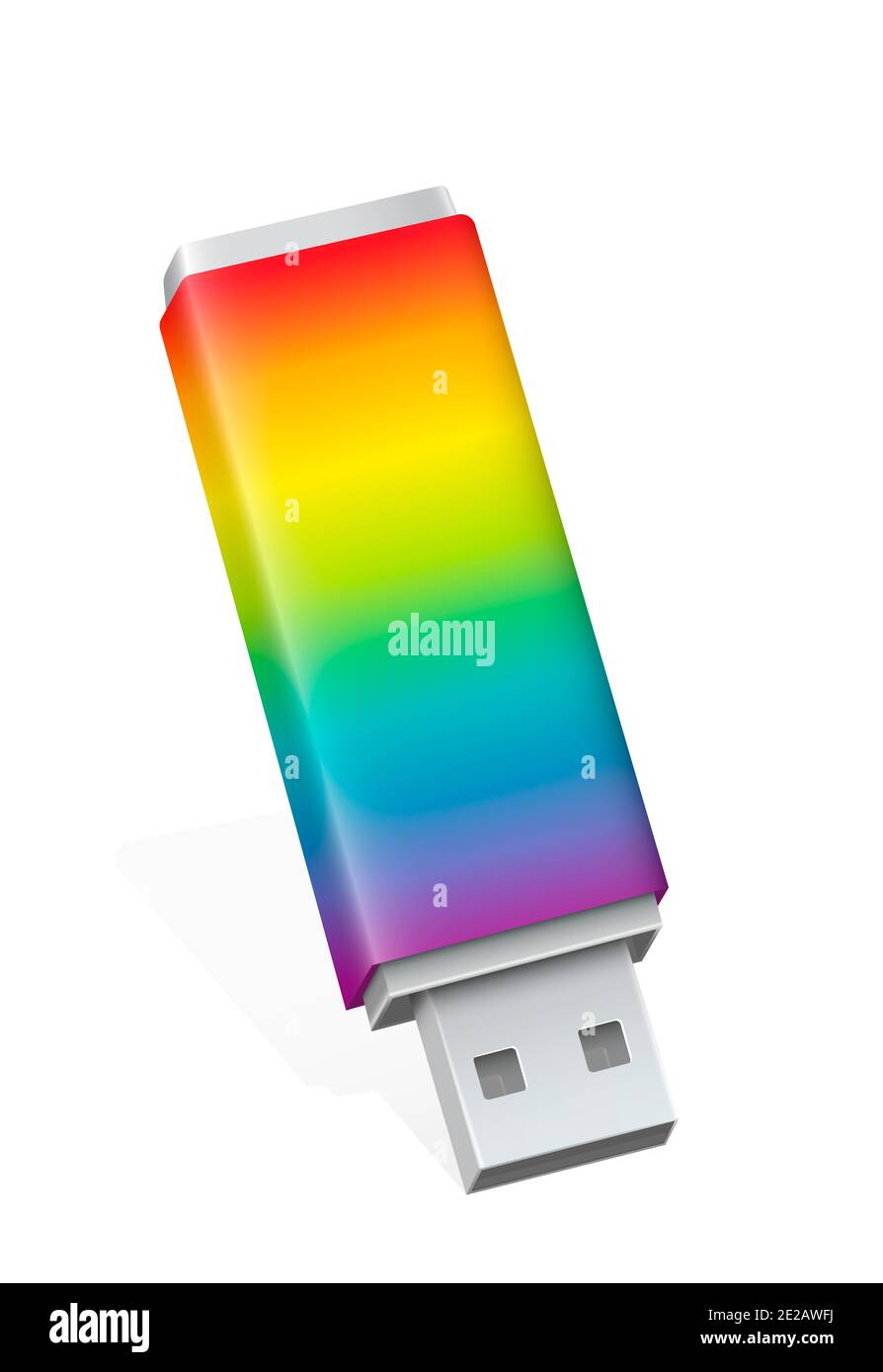 Rainbow gradient colored USB stick, single colorful funny flash drive - illustration on white background. Stock Photo