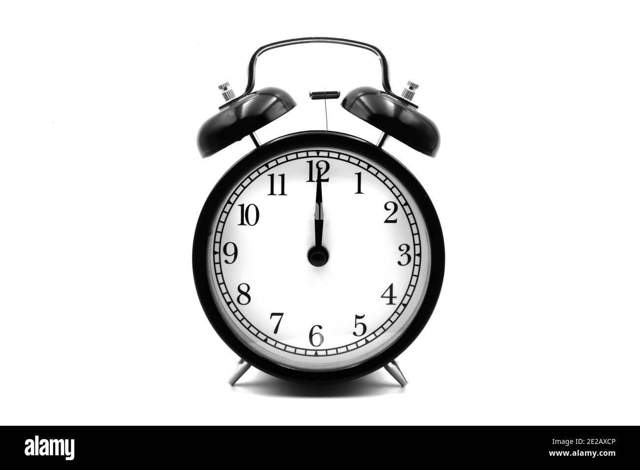 Classic black vintage alarm clock isolated on white background Stock Photo