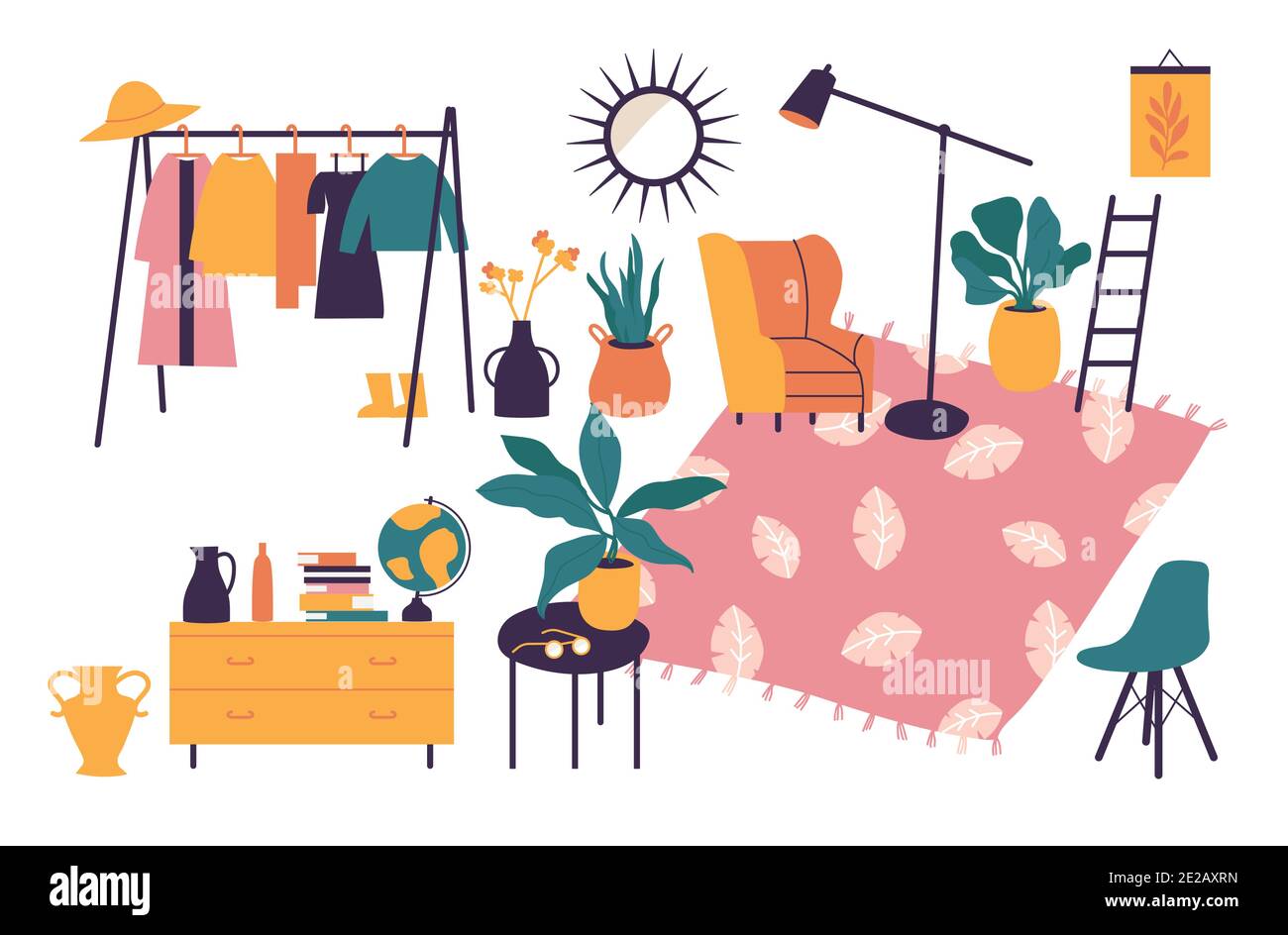 Vector illustration interior with stylish comfy furniture and home decorations. Icons of living rooms or apartments with furnished home plants. Stock Vector