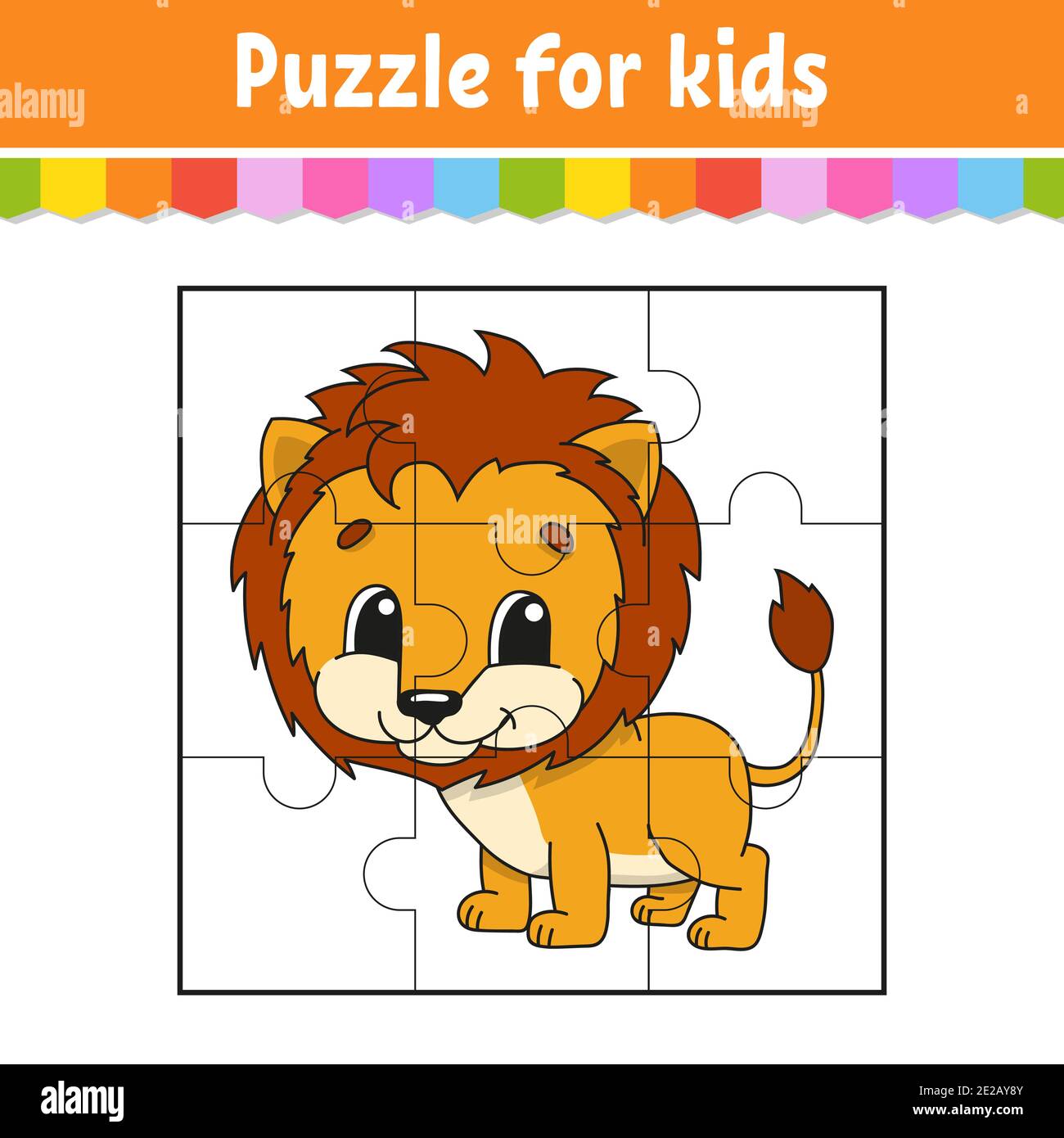 Puzzle game for kids. Orange lion. Education worksheet. Color