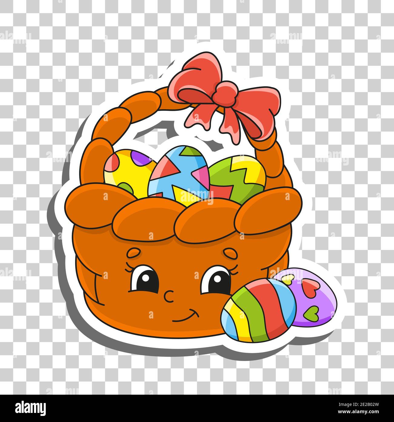 Cute cartoon character. Easter basket. Sticker with contour. Colorful