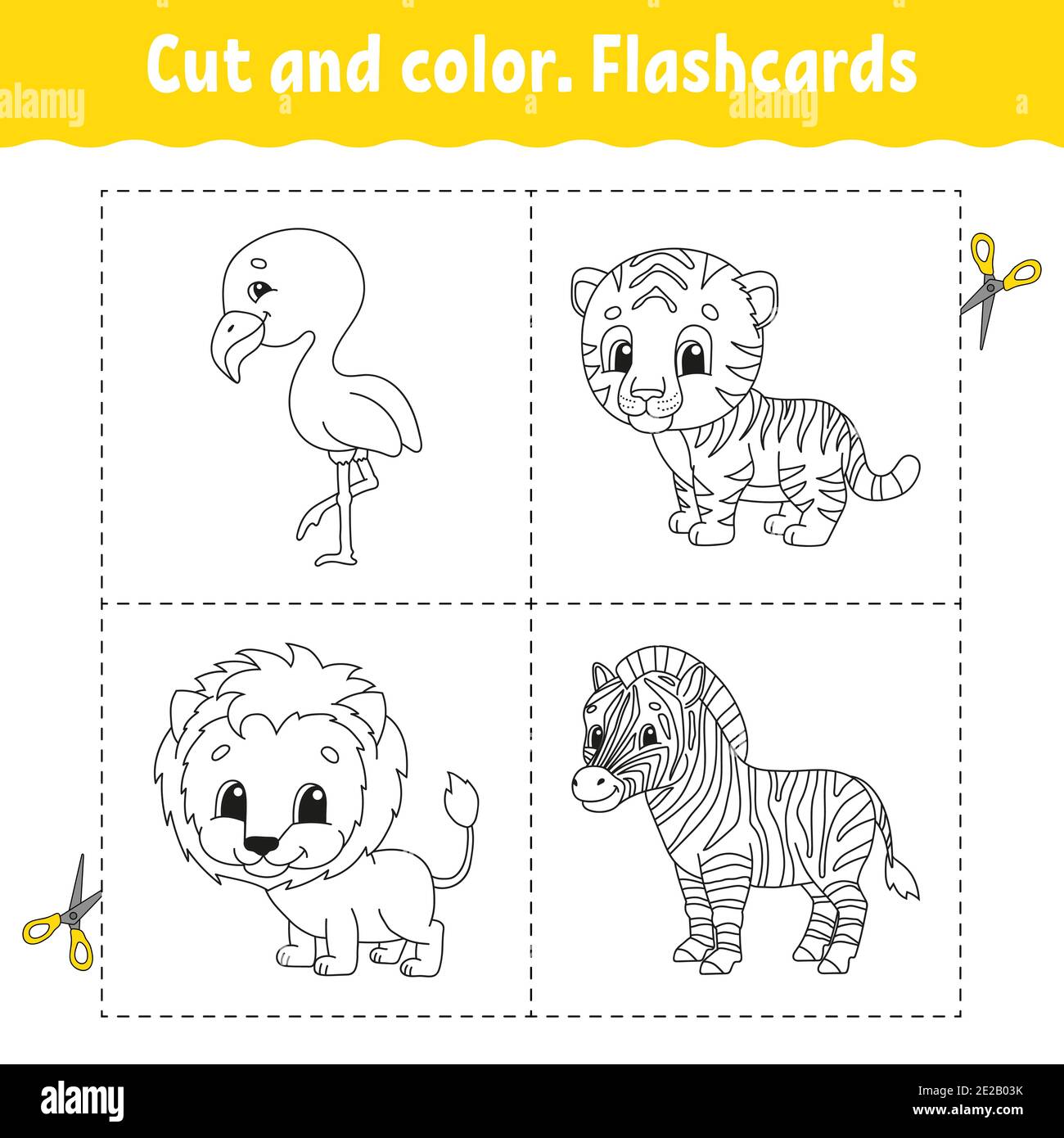 Cut and color. Flashcard Set. flamingo, tiger, lion, zebra. Coloring book for kids. Cartoon character. Cute animal. Stock Vector