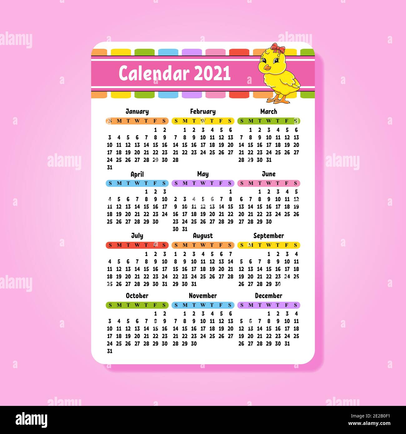 Calendar for 2020 with a cute character. Baby chicken. Fun and bright design. Isolated color vector illustration. Pocket size. Cartoon style. Stock Vector