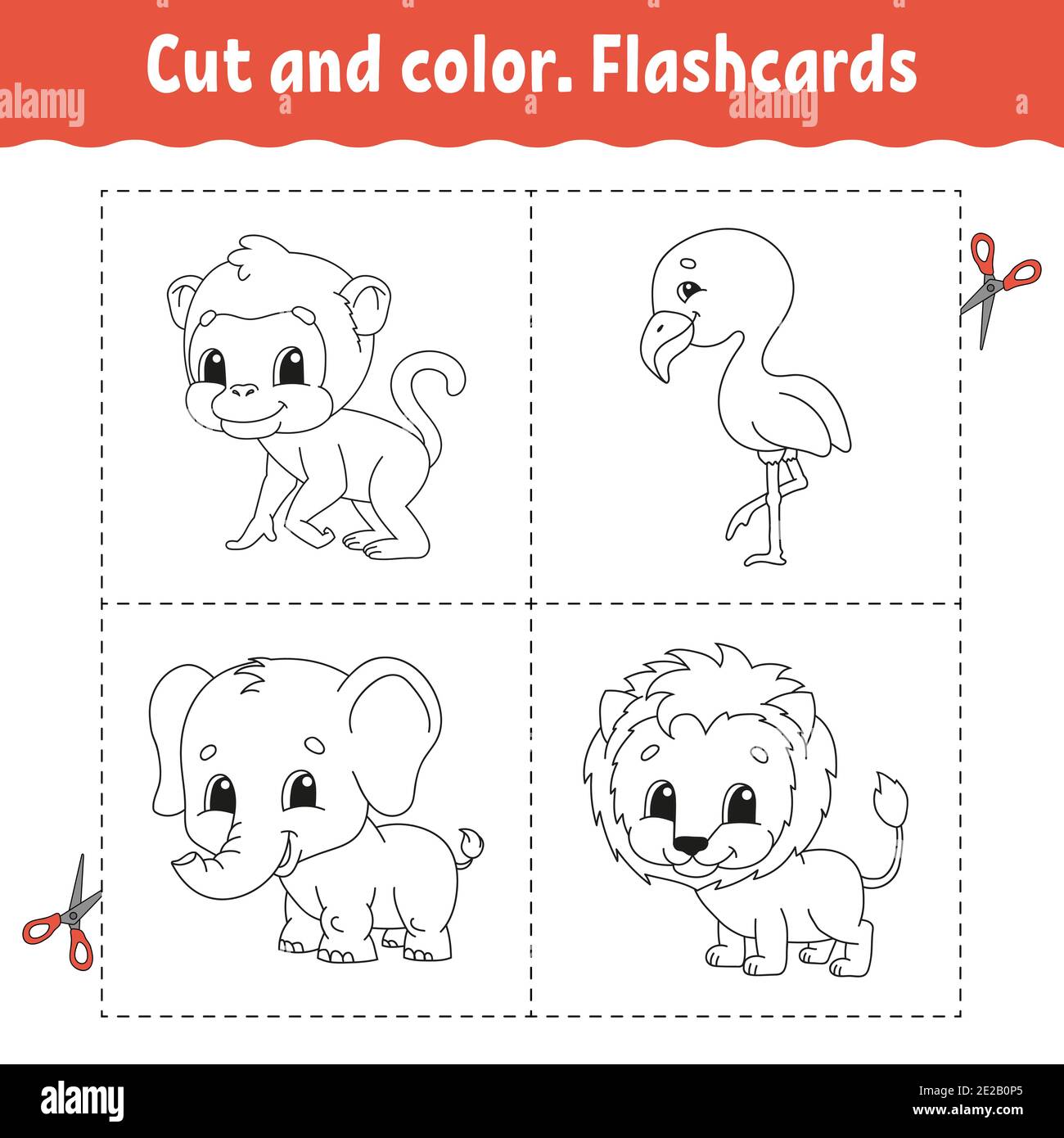 Cut and color. Flashcard Set. flamingo, lion, monkey, elephant. Coloring book for kids. Cartoon character. Cute animal. Stock Vector