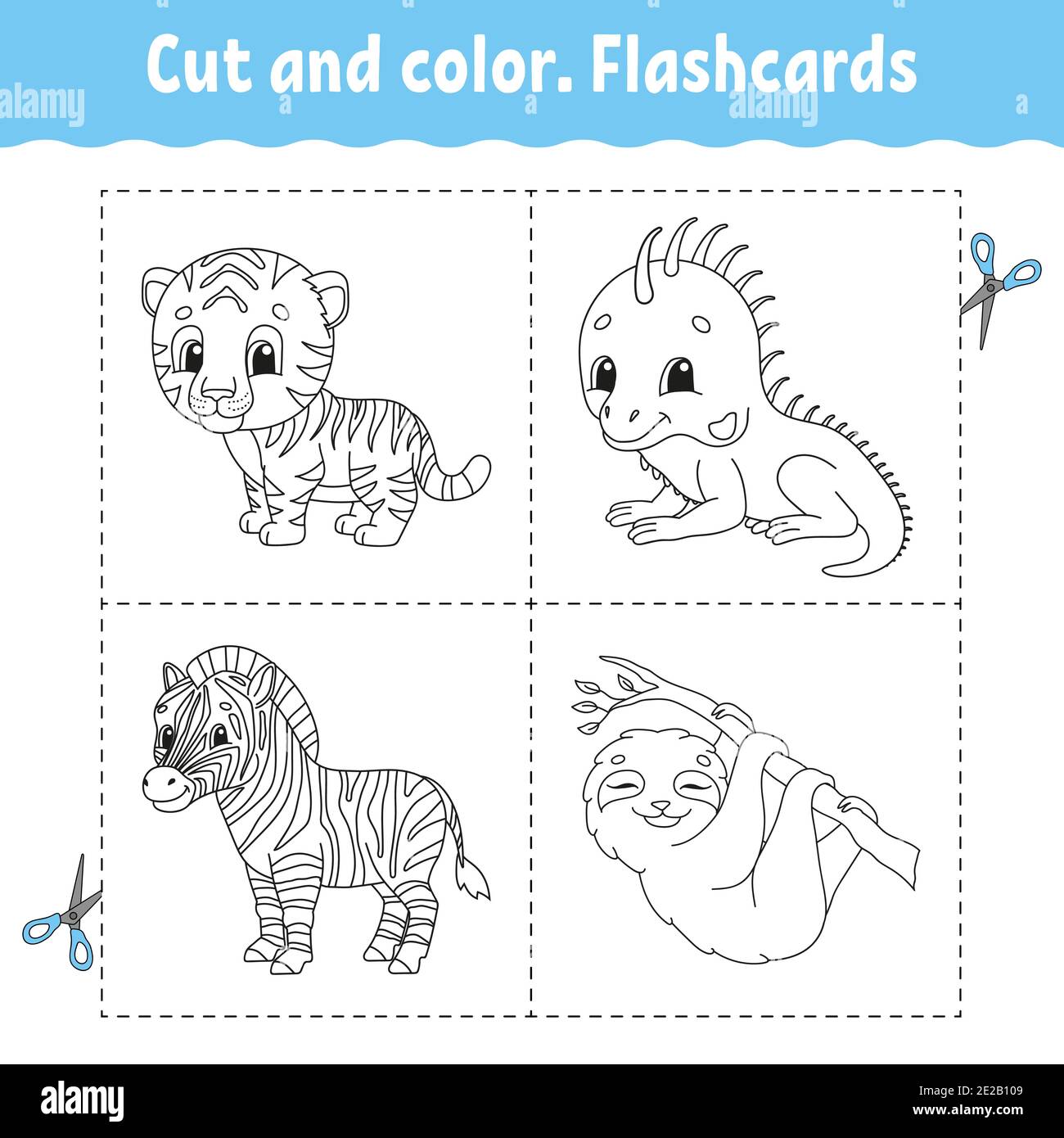 Cut and color. Flashcard Set. tiger, iguana, sloth, zebra. Coloring book for kids. Cartoon character. Cute animal. Stock Vector