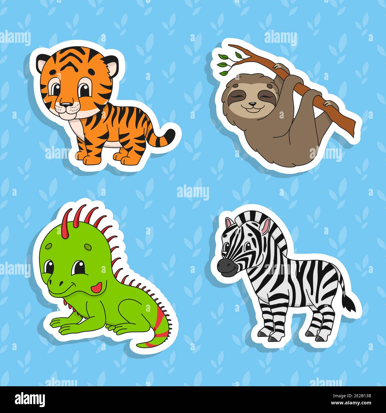 Set of bright color stickers. Brown sloth. Green iguana. Orange tiger.  Happy zebra. Cute cartoon characters. Vector illustration isolated on color  bac Stock Vector Image & Art - Alamy