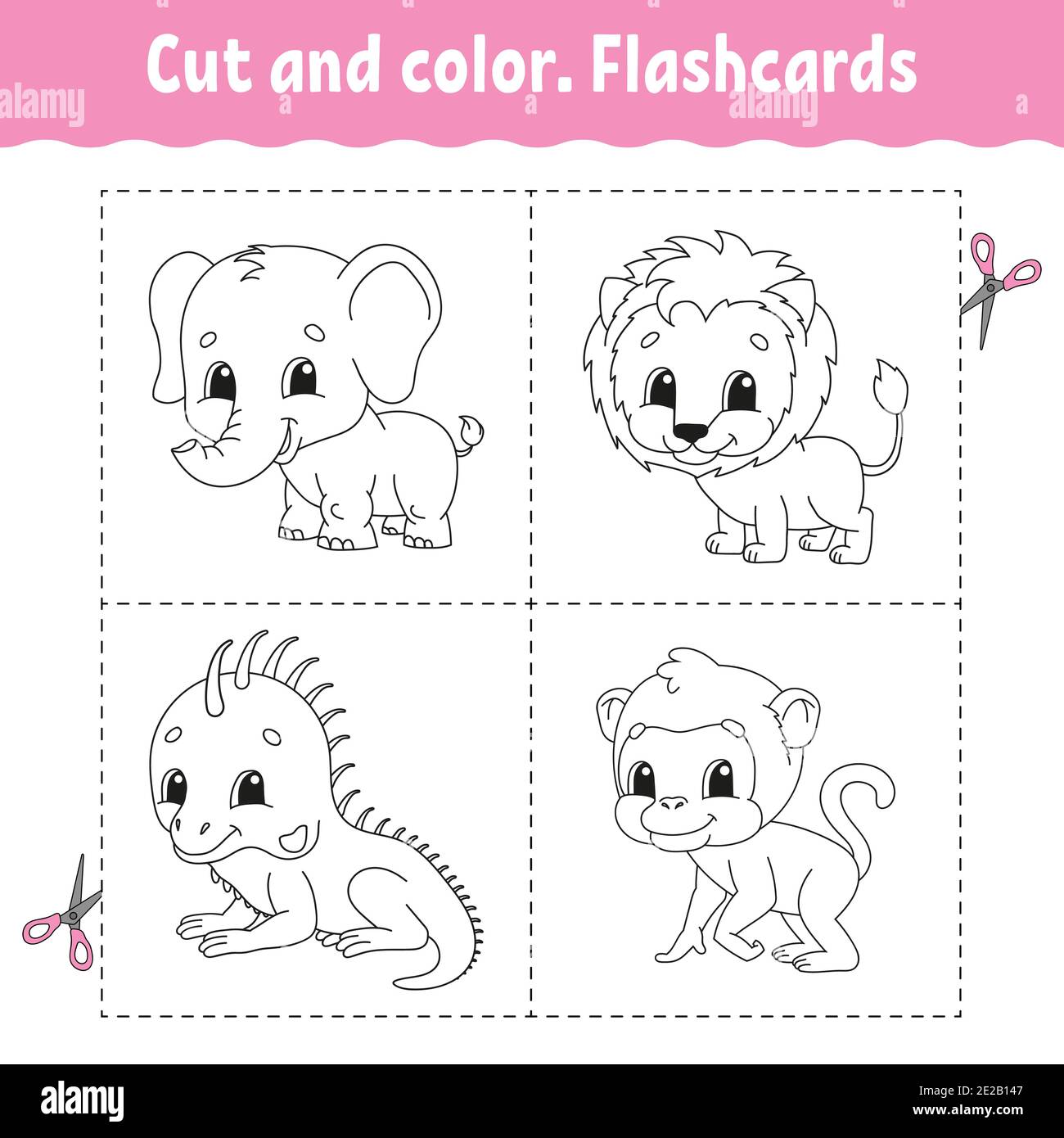 Cut and color. Flashcard Set. lion, monkey, iguana, elephant. Coloring book for kids. Cartoon character. Cute animal. Stock Vector