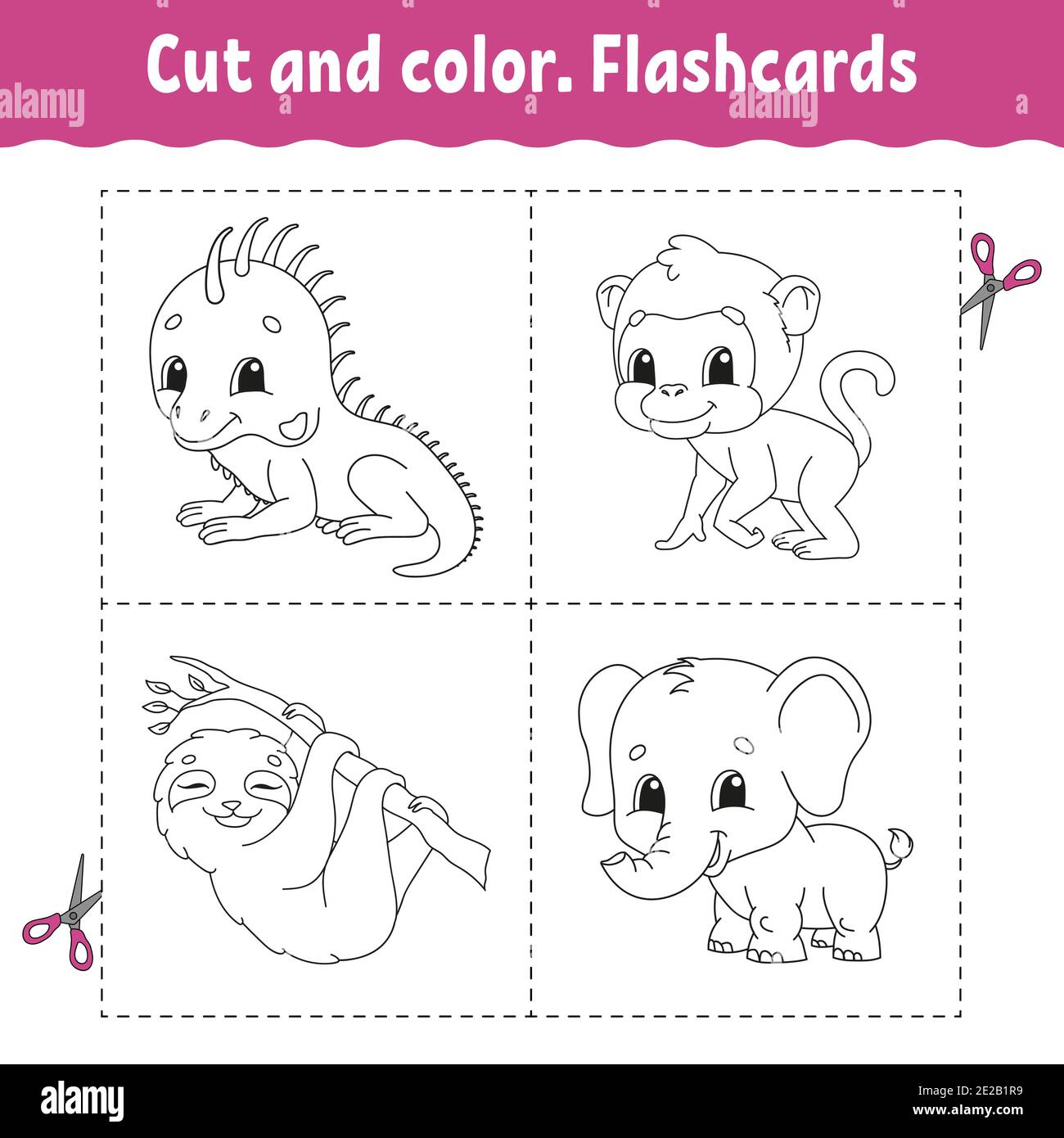 Cut and color. Flashcard Set. monkey, sloth, iguana, elephant. Coloring book for kids. Cartoon character. Cute animal. Stock Vector