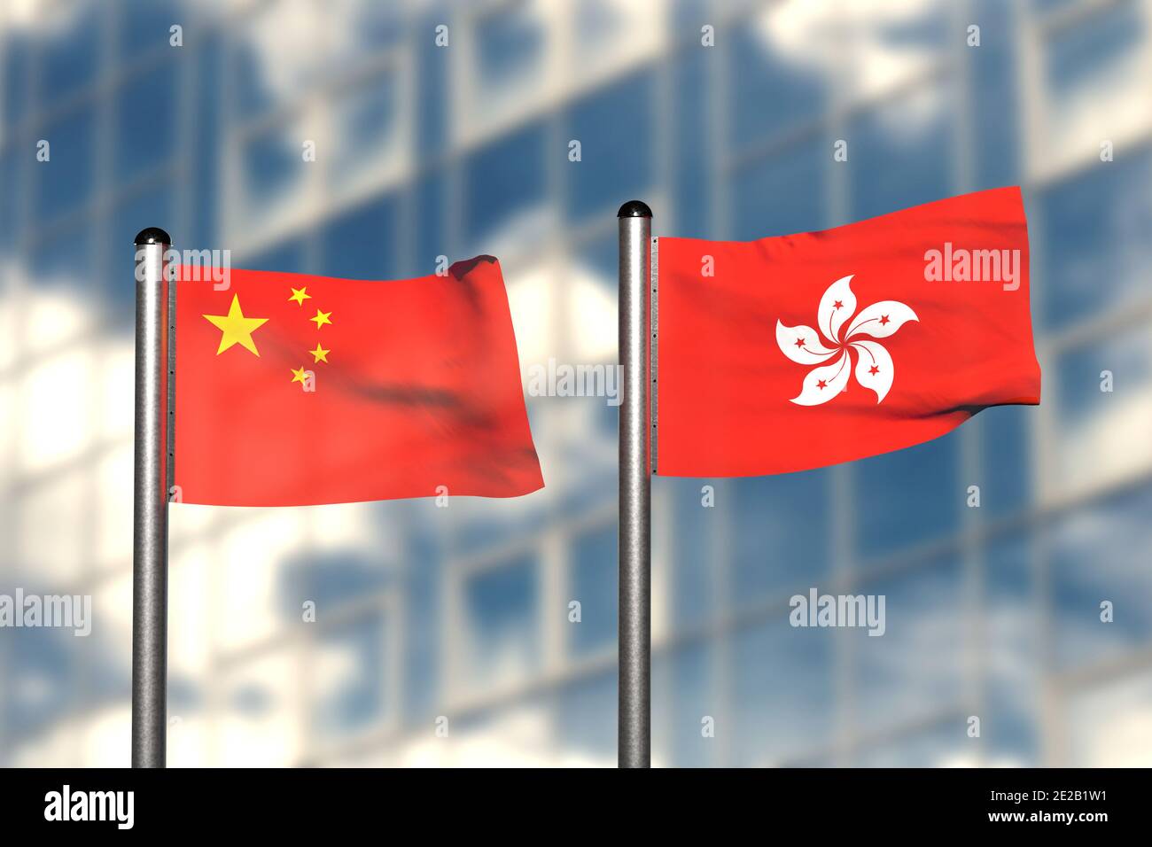 3d render of an flag of China and Hong Kong in front of an blurry background, with a steel flagpole Stock Photo