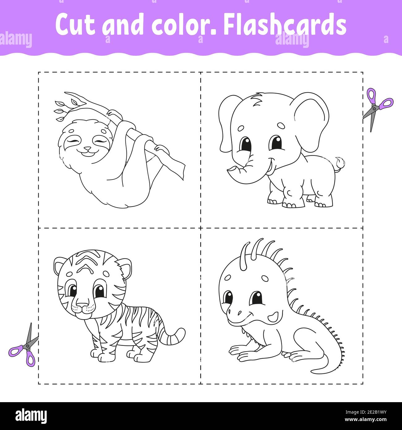 Cut and color. Flashcard Set. tiger, sloth, iguana, elephant. Coloring book for kids. Cartoon character. Cute animal. Stock Vector