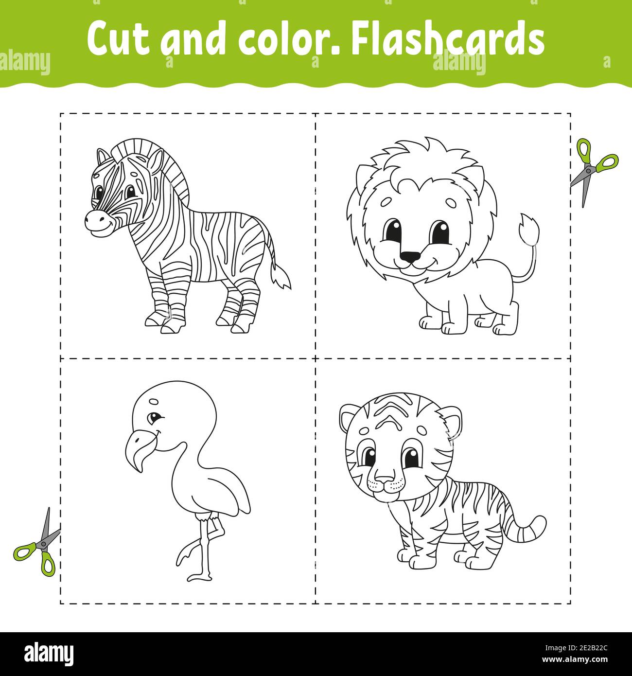 Cut and color. Flashcard Set. flamingo, tiger, lion, zebra. Coloring book for kids. Cartoon character. Cute animal. Stock Vector